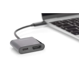 DIGITUS USB Type-C Multiport Graphics Adapter, USB Type-C to HDMI + USB C, Charging Function, 4K Ultra HD 60Hz, Plastic, Black