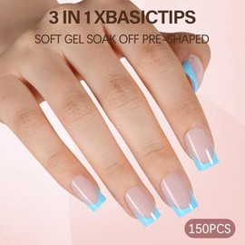 Misssix XBASICTIPS Uñas postizas francesas, 150 unidades, uñas postizas de gel francesas cuadradas cortas azules, uñas postizas de gel suave, preforma