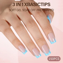 Misssix XBASICTIPS Uñas postizas francesas, 150 unidades, uñas postizas de gel francesas cuadradas cortas azules, uñas postizas de gel suave, preforma