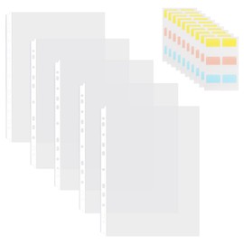 Niuoppy 40 Pcs A4 Plastic Sleeves Clear with 60 Pcs Tabs, 11 Holes Plastic Punched Pockets A4, Binder Pocket for 2/3/4 Ring Document (40)