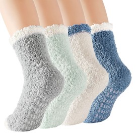 Zando Winter Socks for Women Non Slip Warm Socks Comfy Socks Super Soft Cozy Socks Plush Socks Slipper Socks Indoor Fuzzy Socks Non Skid Crew Socks Home Fluffy Socks 4 Pairs Blue Solid One Size