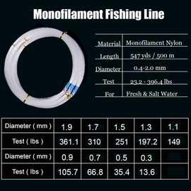 Monofilament Fishing Line Clear Super Power NO Memory Nylon Mono Fishing Leader Line Speargun Line Strong and Abrasion Resistant in Freshwater Saltwater 500m / 547yards