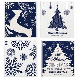 VONTP Swedish Dishcloths for Kitchen, Christmas Xmas Tree Snowflake Blue Kitchen Dish Towels for Washing Dishes, 4 Pack Reusable Paper Towels, Sponge Cloths for Holiday Home Cleaning Baking Cooking