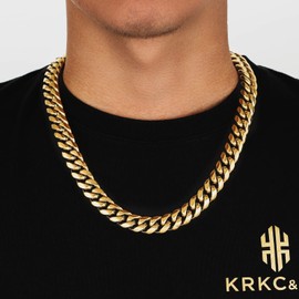 KRKC&CO 14mm Cuban Link Chain, 18K Gold Plated Stainless Steel Men's Necklace, Anti-Tarnish Anti-Allergies, Miami Curb Chains Hip Hop Necklace for Men Homme(14mm-Vintage Gold, 24)