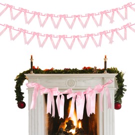 2Pcs Pink Bow Garland Banner for Bachelorette Party Decorations Coquette Birthday Hanging Garland Decor Bowknot Ribbon Bow Banner for Wedding Bridal Shower Engagement Party Supplies Baptism Gift