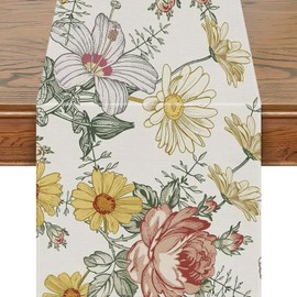 Snylcce 13 x 108 Inch Floral Table Runner - Wildflower & Daisy Design, Elegant White Linen Spring & Summer Decor for Dining Tables, Parties and Special Occasions