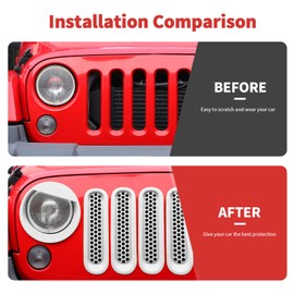 SQQP Mesh Grille Grill Insert+Angry Bird Style Headlight Turn Light Cover Trim Fit for 2007-2018 Jeep Wrangler JK JKU(White)