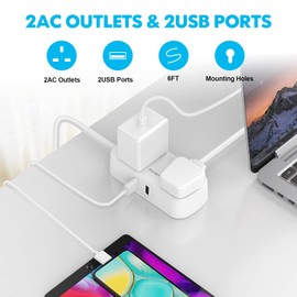 VINTAR Extension Lead with USB Slots, Power Strip with 2 Way Outlets 2 USB Slots(13A/3250W), Plug Extension Socket with 1.8M Extension Cord for Home Office,White,1 pack