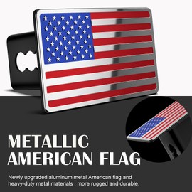 2 Inch Trailer Hitch Cover with American Flag, Heavy Metal Trailer Hitch Cover Fit for 2 Inch Hitch Receivers,3 * 5" Blue/Red/Chrome
