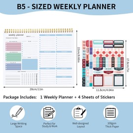 Weekly Planner Notepad, Undated Weekly To Do List Pad 52 Tear off Sheets, To Do List Notebook for Study, Work, Fitness, Includes 4 Sheets of Stickers, 22 X 28 cm