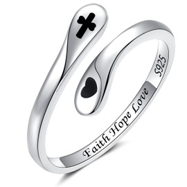 Faith Hope Love Ring Sterling Silver: Self Love Rings for Women Adjustable Wrap Open Ring Black Heart Finger Band Rings Encouragement Jewelry Gifts for Women