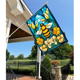 Stained Glass Spring Summer Bee House Flag 28 x 40 Inch Double Sided Outside, Seasonal Farmhouse Yard Outdoor Flag