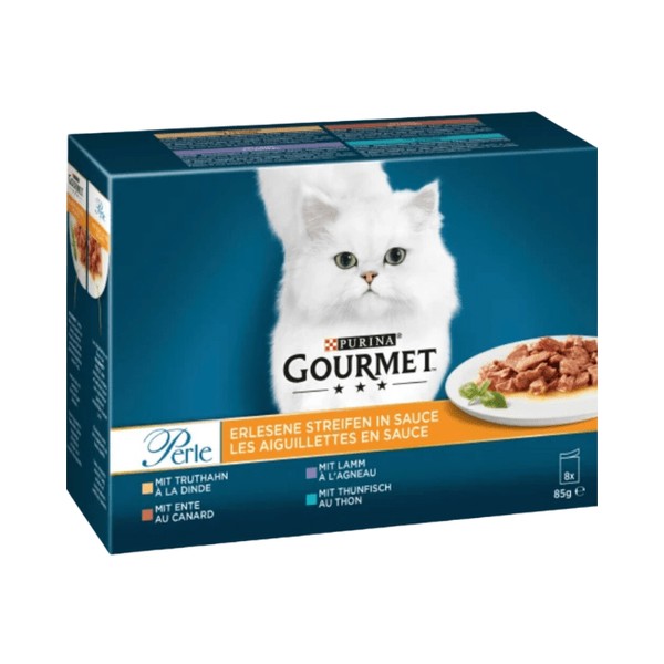 Purina Gourmet Nassfutter Katze, Truthahn, Ente, Lamm, Thunfisch, Perle – erlesene Streifen in Sauce, Multipack (8×85 g) 680 g