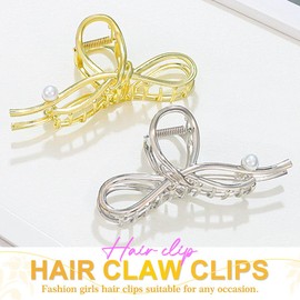 Reaky Pearl Hair Claw Clips Gold Bow Hair Claws Large Metal Claw Clips 2 Pcs Pearls Hair Accessories for Women