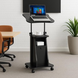 Tangkula Mobile Laptop Podium, Height Adjustable Sit to Stand Desk with Tilting Desktop & Storage Cabinet, Ergonomic Rolling Lectern Cart Laptop Desk, Office Podium Stand on Wheels