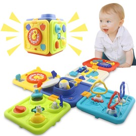 Baby Activity Cube Toy, 6-Sided Learning Toy with Gears, Shapes, Numbers and Puzzles, Multi-Colour (Blue)