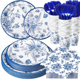 Funnymoom 400 Pcs Blue Floral Party Supplies for 50 Guests Blue Flower Disposable Plates Napkins Cups Spoons Forks Knives for Wedding Garden Tea Party Bridal Shower Baby Shower