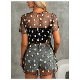 SweatyRocks Women's Floral Sheer Mesh Swimsuit Coverups Short Sleeve Mini Beach Dresses Black Large