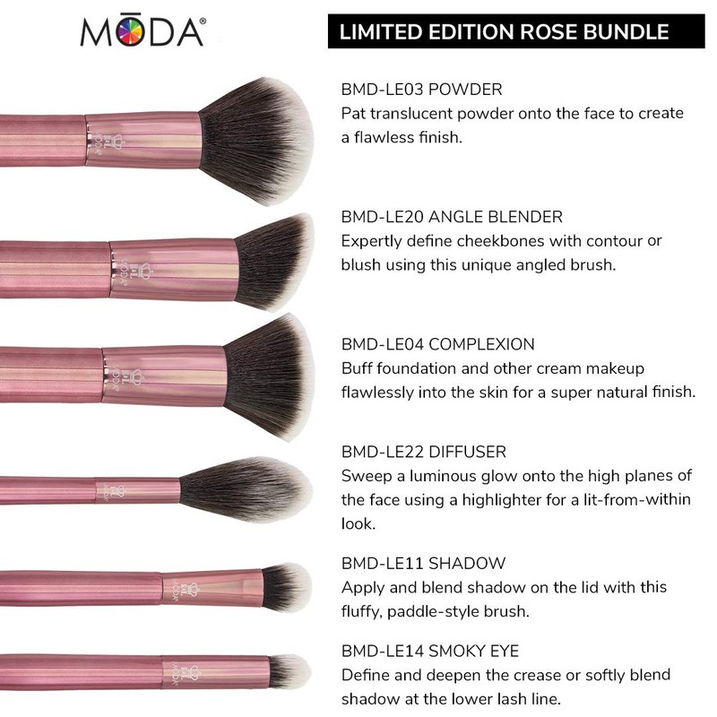 MODA Limited Edition 6PC Rose Makeup Brush Kit, Includes -