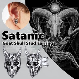 Satanic Skull Ear Studs for Men, Antique Devil Satan Goat Heads Earrings, Tiny Small Sterling Silver Gothic Earring for Him
