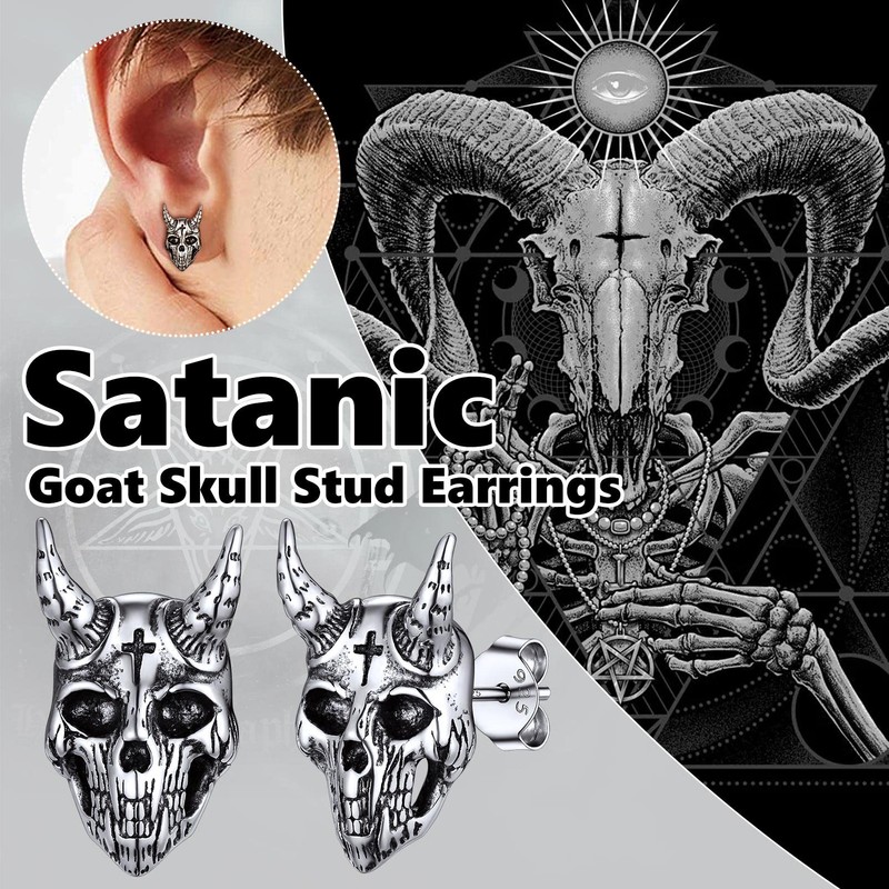 Satanic Skull Ear Studs for Men, Antique Devil Satan Goat