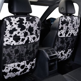 LSBS Cow Print Car Seat Back Kick Protectors,2 Pack Kick Mats with Storage Pockets,Car Accessorise(Cow Print)