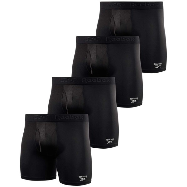 Reebok Men's Underwear - Performance Boxer Briefs with Fly Pouch (4 Pack), Size Large, All Black