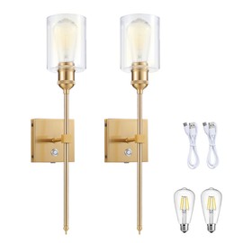 Neoglint Brass Battery Operated Wall Sconces Set of 2, 3000K Rechargeable Wireless Wall Light Touch Control, Dimmable No Wired Required Wall Lamp for Bedroom Corridor Hallway Bathroom(Bulb Included)