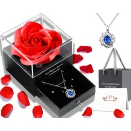 Flores LED Rosas Con Luz Y Collar Zafiro, Regalo Plata Para Mujer. Ideal Para Día De La Madre, Cumpleaños, Aniversario Y Bodas. Perfecto Para Cajas Regalo, Decoración Hogar Y Celebraciones Especiales