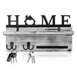 Rongxze Key Holder for Wall, Wooden Key Rack with 5 Hooks, Wooden Wall Key Holder for Entryway, Front Door, Hallway, Bedroom, Home Decoration, White