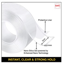 KLAPiT Super Tape Clear Double-Sided Heavy Duty Mounting Tape Enhanced Nanotechnology - Holds 150 lb 1.27lb per Inch Ideal - Frames Carpets doormats Power Cords Kitchen Tools Home & Office (4 pc pack)