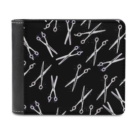 Hairdressing Scissors Seamless On Black Soft PU Leather Bifold Wallet, Coin Purse Credit Pass Case, Durable Card-Holder Slim Billfold for Men Woman Money Storage
