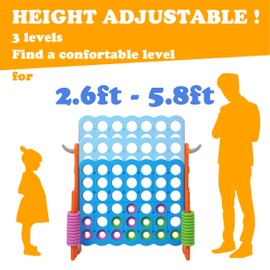 SDADI Height Adjustable Giant 4 in a Row Connect Game, 2-in-1 Jumbo 4-to-Score Game with Ring Toss Game Set, Indoor Outdoor Yard Game Party Game for Kids Adults and Family, Orange