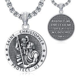Wasee St Christopher Necklace for Men Saint Christopher Medal Protect Us St. Christopher Pendant Amulet Religious Jewelry Gifts with 22"+2" Rolo Chain