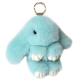 jtkdxqs Soft Cute Bunny Keychain Artificial Rabbit Fur Plush Fluffy Pom pom Key Ring for Women,lake blue
