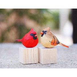 Small Carved Wooden Northern Cardinal Figurines, Handmade Two Loving Cardinals Sculpture Craft Set, 3.9"L Cute Red Bird Statues Home Decor Art Carving Work, Couple Cardinal Statues(Red & Brown)