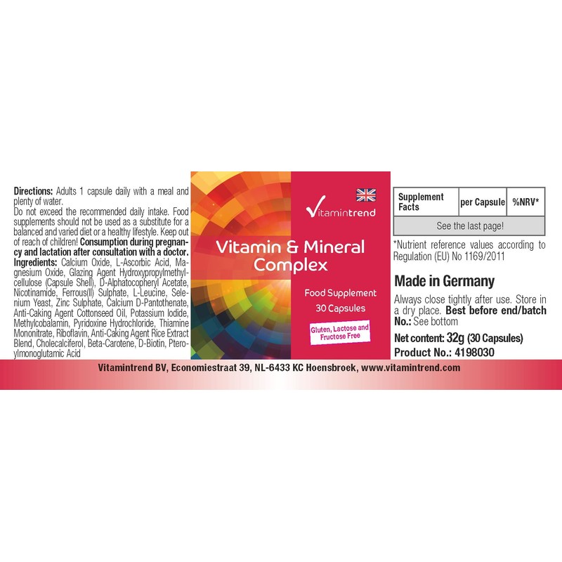 Vitamin & Mineral Complex - 30 Capsules, Multivitamin Preparation in