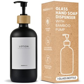 MaisoNovo Glass Lotion Dispenser | 16.9 fl oz Black Glass Soap Dispenser with Bamboo Pump