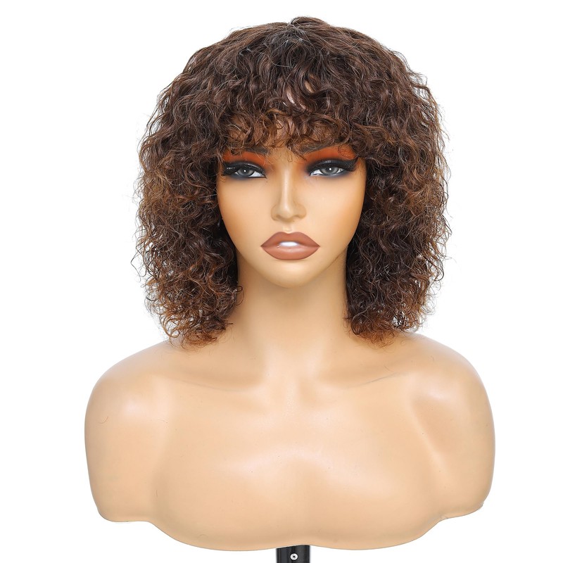 Peluca rizada ombré con flequillo, cabello humano, peluca de cabello