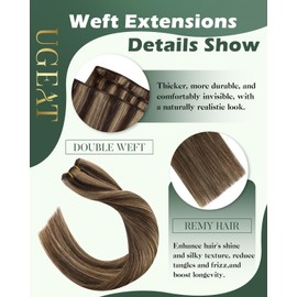 Ugeat Highlights Blonde Weft Hair Extensions Chocolate Brown Sew in Human Hair Extensions Remy Double Weft Medium Length Full Head for Wedding 100G 18 Inch