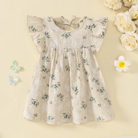Goodplayer Toddler Baby Girl Dress Summer Cotton Linen Ruffle Halter Sleeveless Kids Casual Beach Party Dresses (Khaki Floral Dress,2-3T)