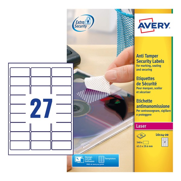 Avery L6114-20 Anti Tamper Labels (A4 Sheets of 63.5 x 29.6 mm, 27 Labels per Sheet, 20 Sheets) - White
