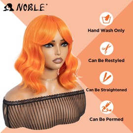 NOBLE Short Blue Wig with Bangs for Women Bob Wavy Synthetic Wigs with Natural Shoulder Length Curly Heat Resistant Hair for Daily Party Use.