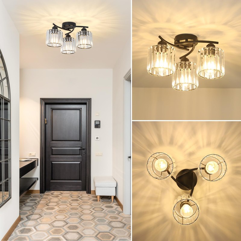 Crystal Semi Flush Mount Ceiling Light,3-Light Black Close to Ceiling