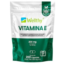 Wellthy Vitamina E 200 Cápsulas. 200mg de Vitamina E por porción, solo una Cápsulas al día, 200 porciones por envase para casi 7 meses de consumo. Bottle Free.