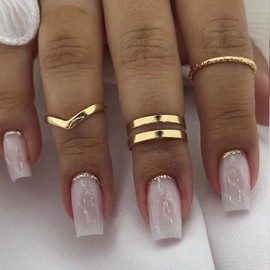 MISUD Short Square Press on Nails Squoval Fake Nails Glossy Glue on Nails French Tip Acrylic Nails White Marble Arificial Nails Bling Gold Glitter Stick on False Nails with Design 24 pcs