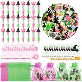 Aginc Berry Princess Witch Stationery Gift - 12 Pack Green and Pink Party Favors 4-in-1 Broom Ballpoint Pens Sticky Note Sticker and Organza, Witch Goodie Bag Stuffers Fillers for Kids School Rewards