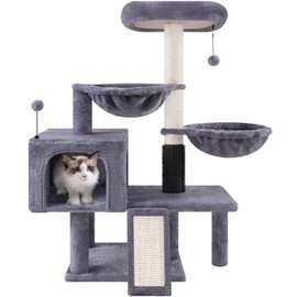 ROYPET Cat Tree with Cat Condo and Two Hammocks, Cat Tower with Scratching Posts and Scratching Pads, Grey