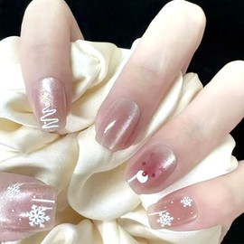 24Pcs Christmas Press on Nails Short Square Elk Fake Nails Cute Christmas Trees with White Snowflake Full Cover Reusable Pink Nails Glue on Nails Winter Holiday False Nails for Manicure Salon DIY