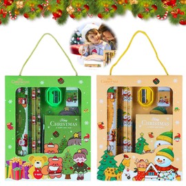 Christmas Stationery Set, 6 Pieces Stationery Gift Set with Eraser Sharpener Christmas Pens Ruler Notebook, Pencil Christmas Notebook, Children's Birthdays Children Party Bags (C)